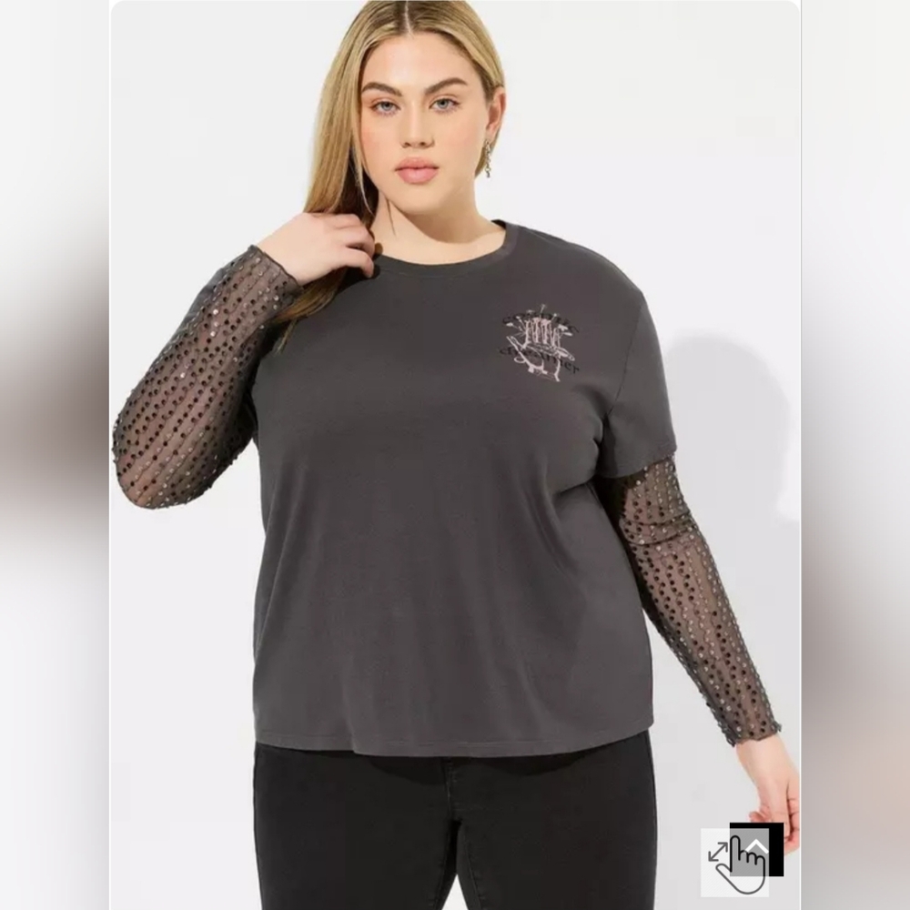 Torrid Black Graphic Tee with Sequin Sleeves